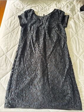 Black Lace Short-Sleeve Shift Dress  loft - Classic Elegant Style